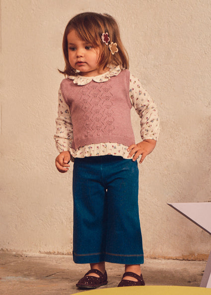 Mayoral Younger Girl Outfit, Wide Leg Trousers and Knit Blouse Vest