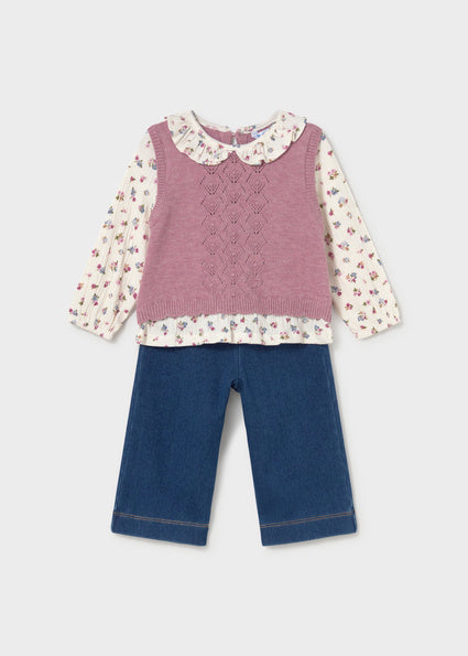Mayoral Younger Girl Outfit, Wide Leg Trousers and Knit Blouse Vest