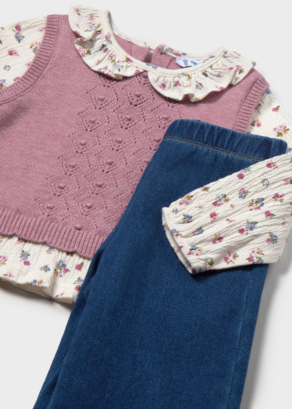 Mayoral Younger Girl Outfit, Wide Leg Trousers and Knit Blouse Vest
