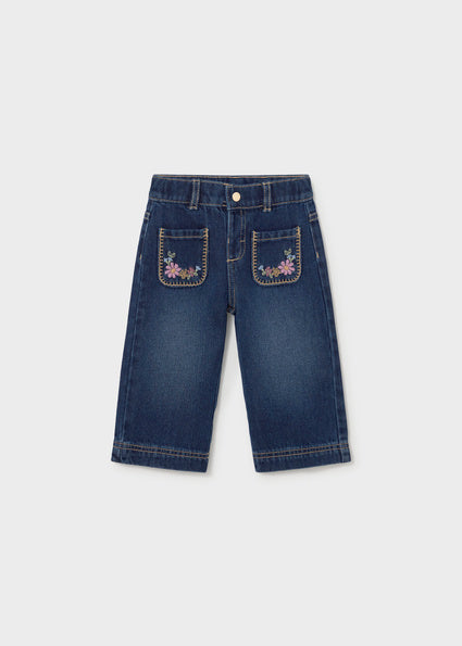 Mayoral Younger Girls Wide Leg Embroidered Pocket Jeans