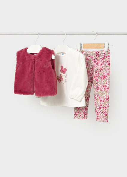 Mayoral Younger Girls Raspberry Fur Gilet 3 Piece Outfit