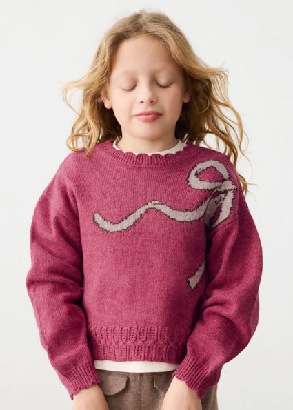Mayoral Girls Raspberry Red Sequin Bow Jumper
