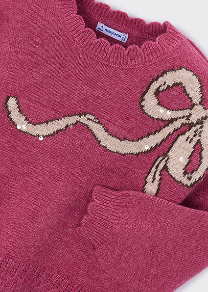 Mayoral Girls Raspberry Red Sequin Bow Jumper