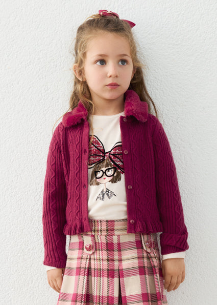Mayoral Girls Raspberry Faux Fur Collar Cardigan