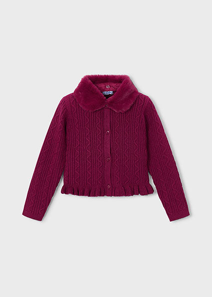 Mayoral Girls Raspberry Faux Fur Collar Cardigan