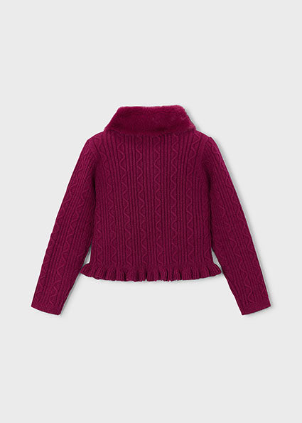 Mayoral Girls Raspberry Faux Fur Collar Cardigan