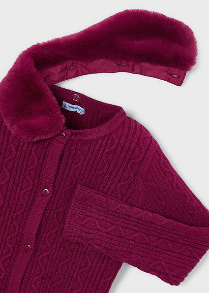 Mayoral Girls Raspberry Faux Fur Collar Cardigan