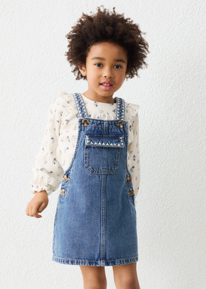 Mayoral Girls Denim Pinafore Dress with Embroidery Detail