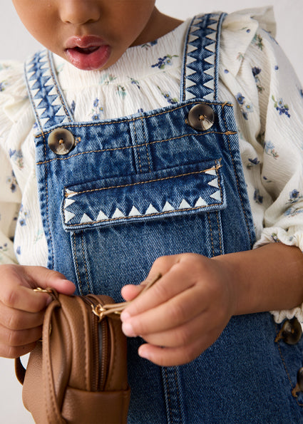 Mayoral Girls Denim Pinafore Dress with Embroidery Detail