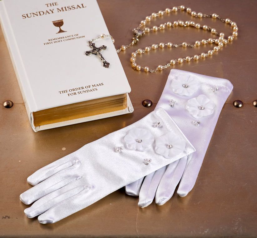 Flora Embellished White Communion Gloves