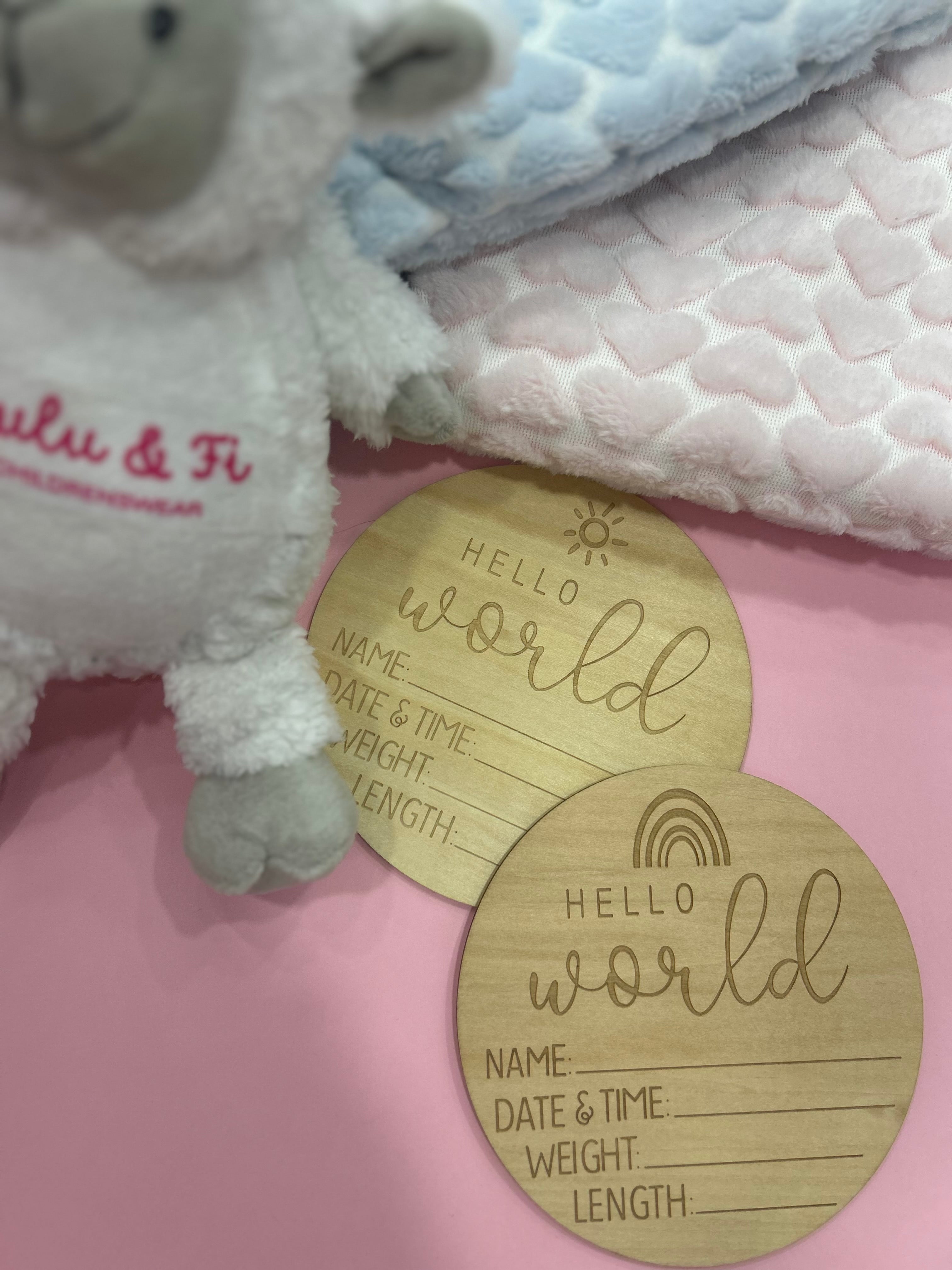 Hello World Wooden Baby Plaque- Choose Sun or Rainbow Design