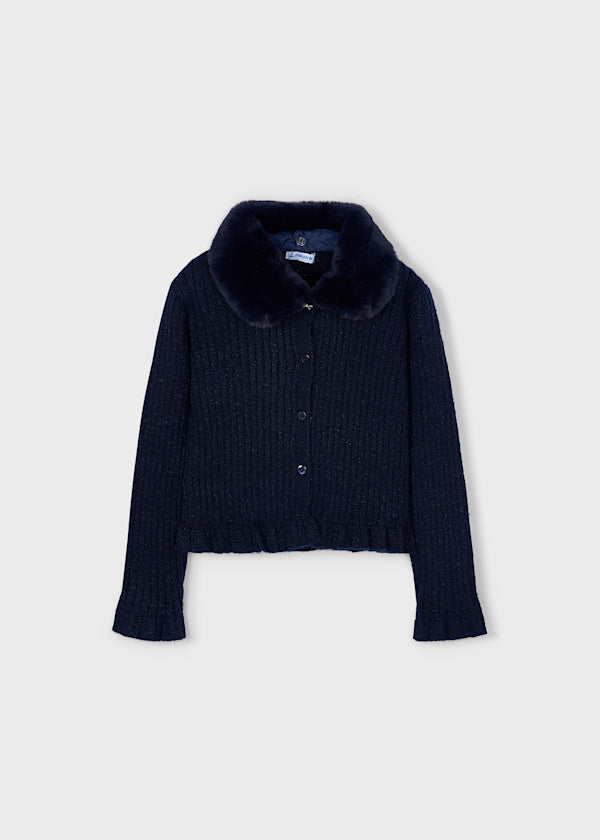Mayoral Girls Navy Fur Collar Cardigan 4311 015