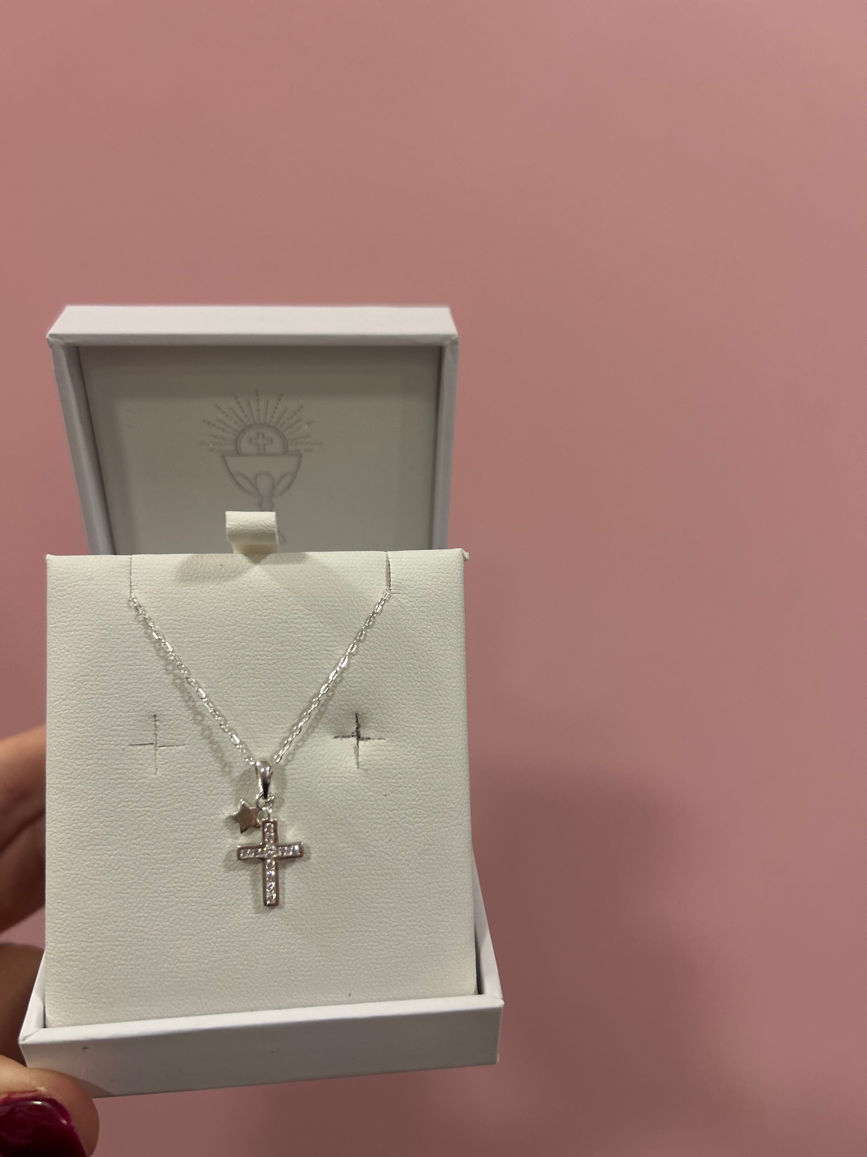 Sterling Silver Cross Necklace With Star Charm.
