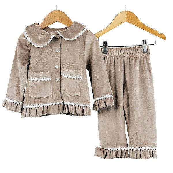 Girls Golden Velour Lace Ruffle PJ’s