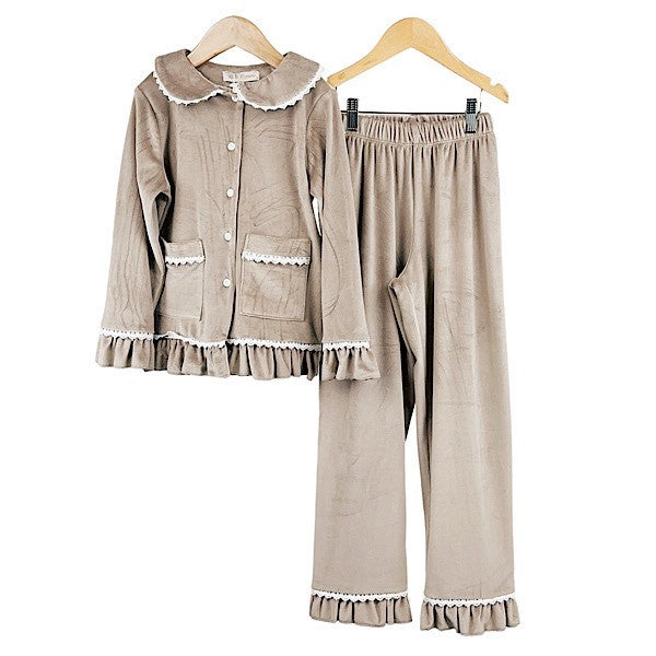 Girls Golden Velour Lace Ruffle PJ’s