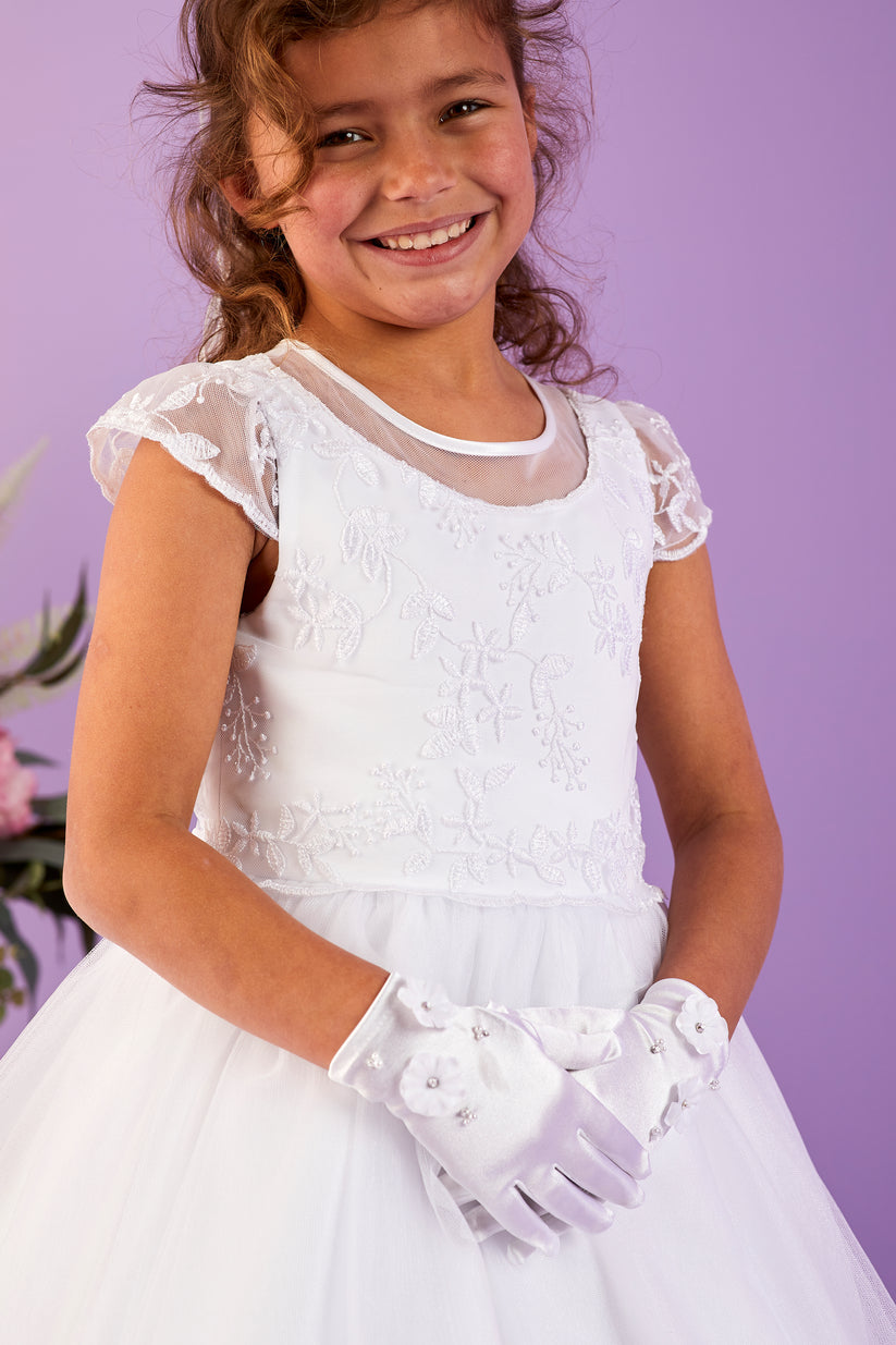 Flora Embellished White Communion Gloves