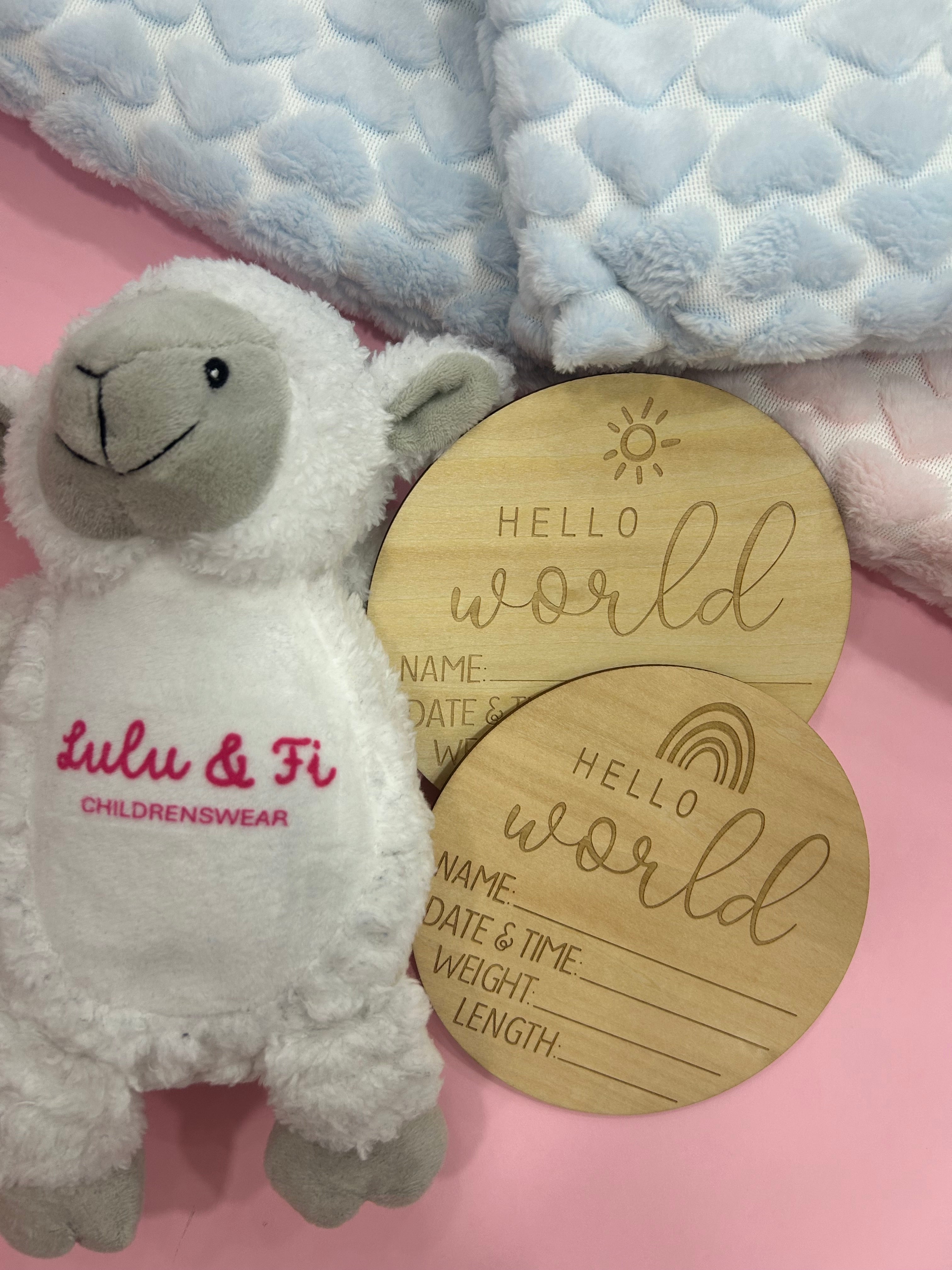 Hello World Wooden Baby Plaque- Choose Sun or Rainbow Design