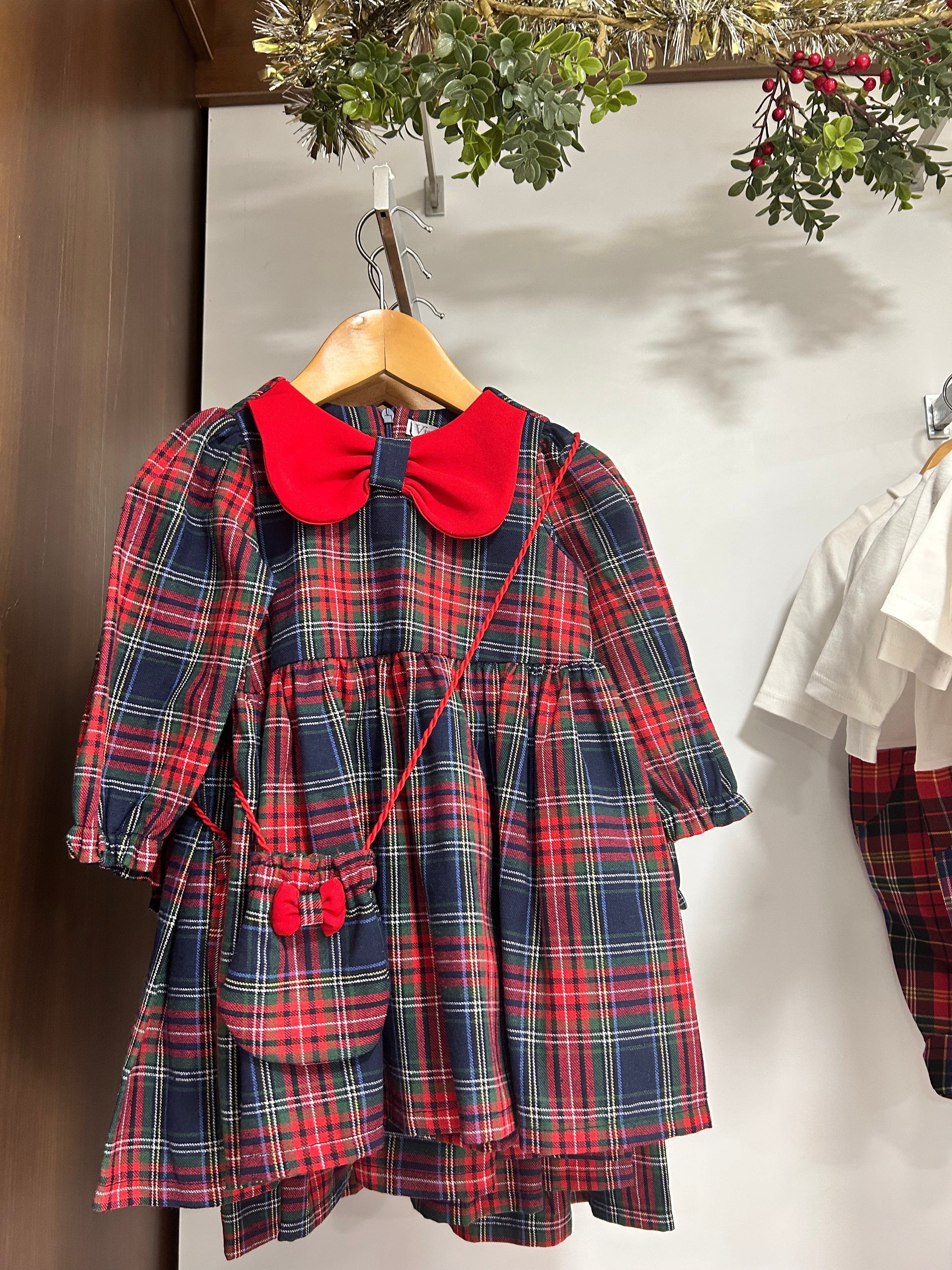 Girls Tartan Dress with Red Collar & Matching Bag