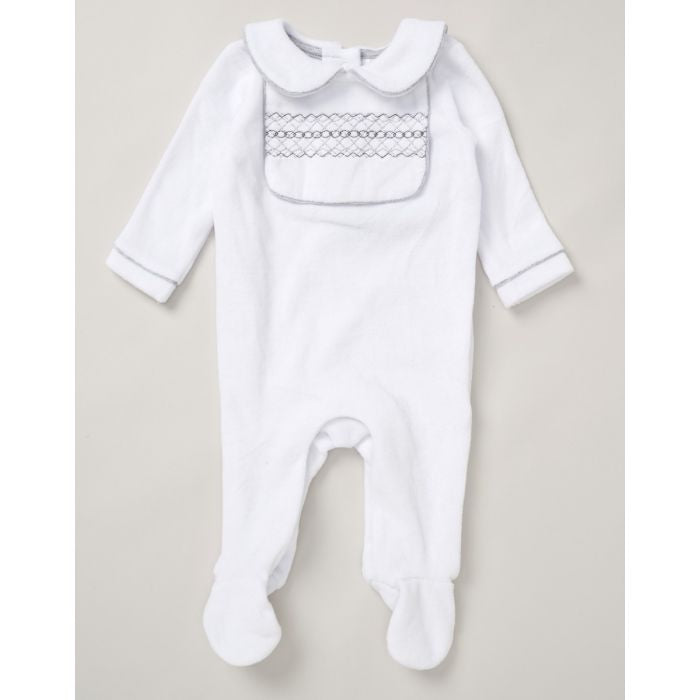 Unisex White Velour Smock Sleepsuit