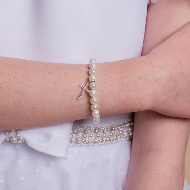 White Pearl Cross Charm Bracelet