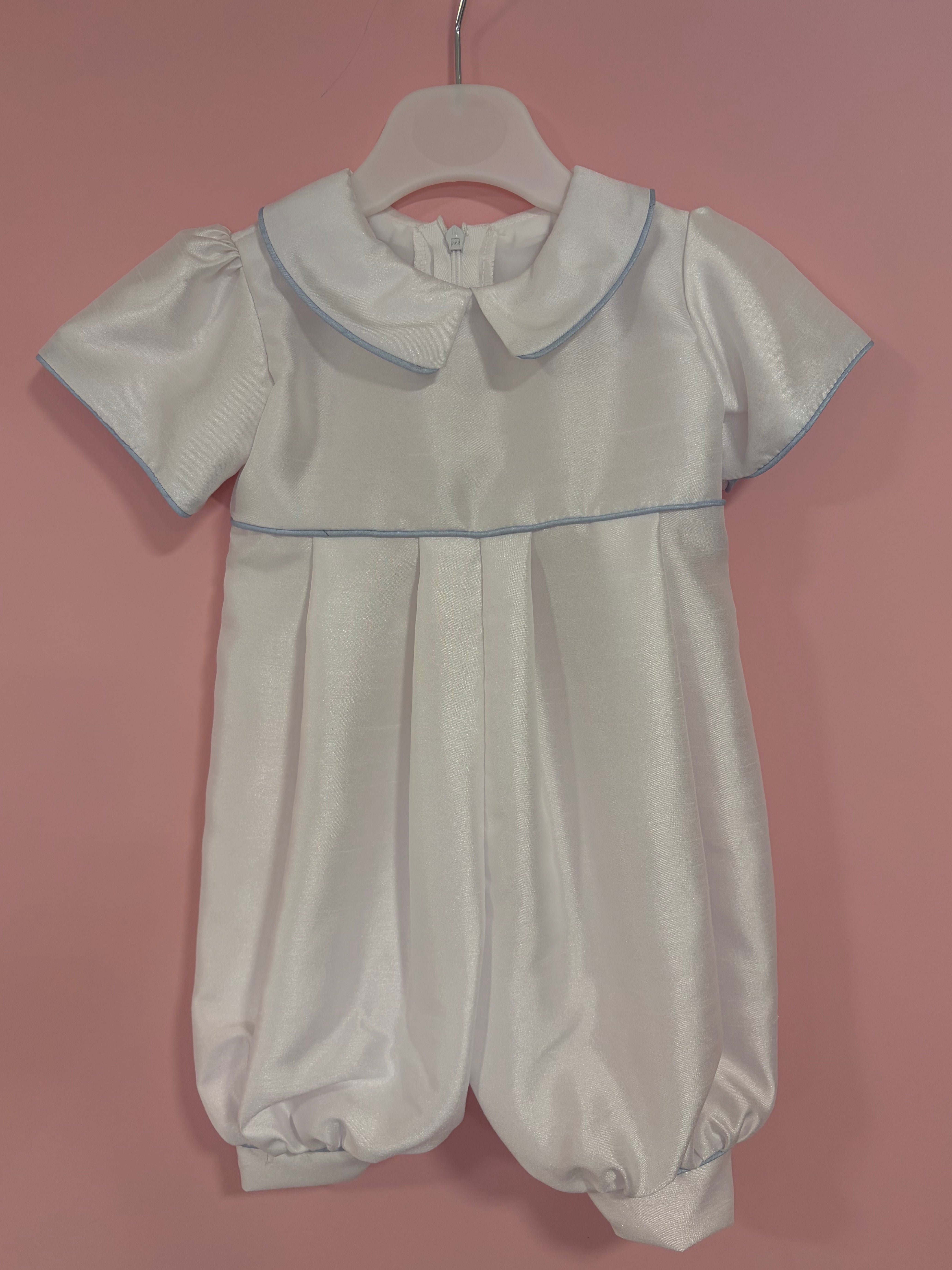 Boys Jack Christening Romper- Blue Trim