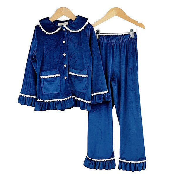 Girls Navy Velour Ruffle Lace PJ’s