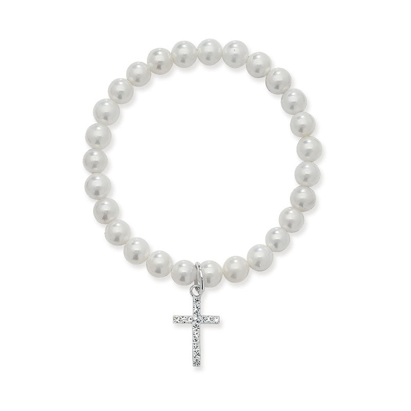 White Pearl Cross Charm Bracelet