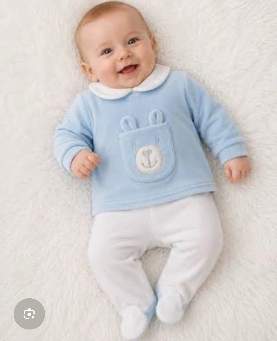 Baby Boy Blue Velour Bear 2 Piece Outfit
