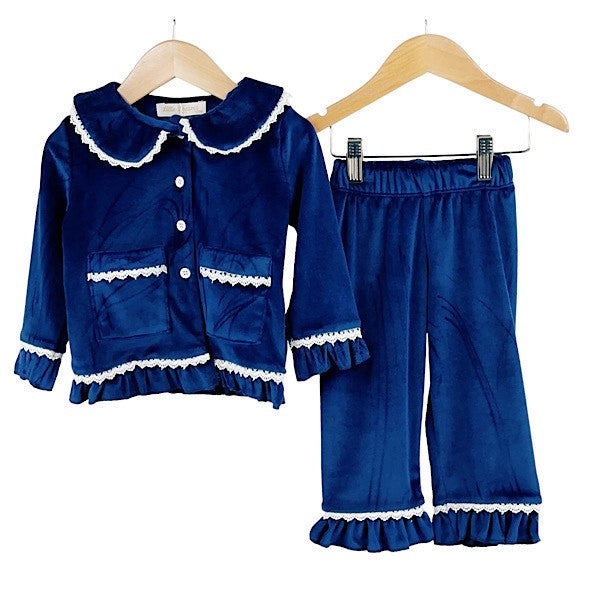 Girls Navy Velour Ruffle Lace PJ’s