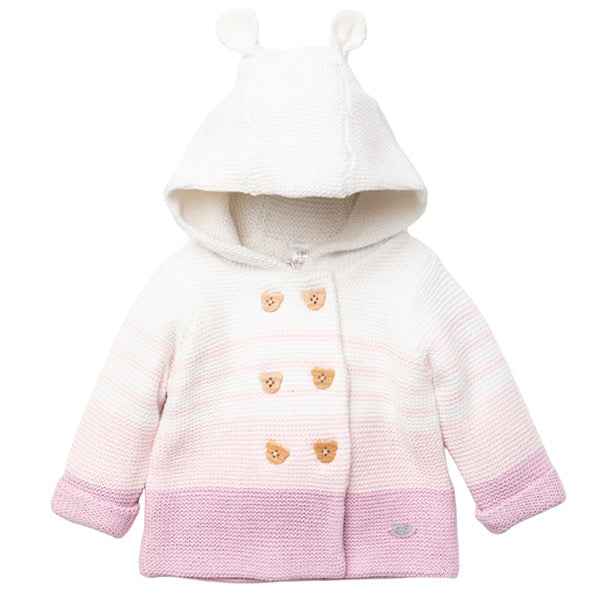 Baby Girls Pink Stripe Cardigan with Wooden Bear Buttons