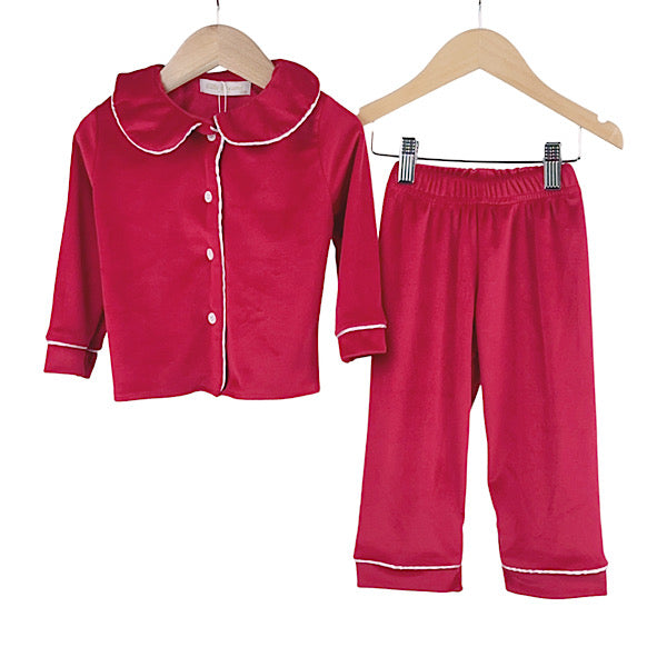 Girls Red Velour Piped Collar PJ’s