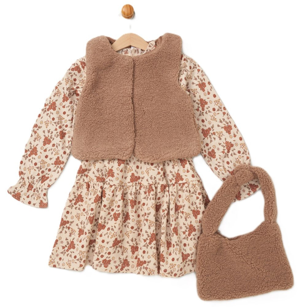 Girls Borg Gilet ,Handbag & Floral Print Dress.