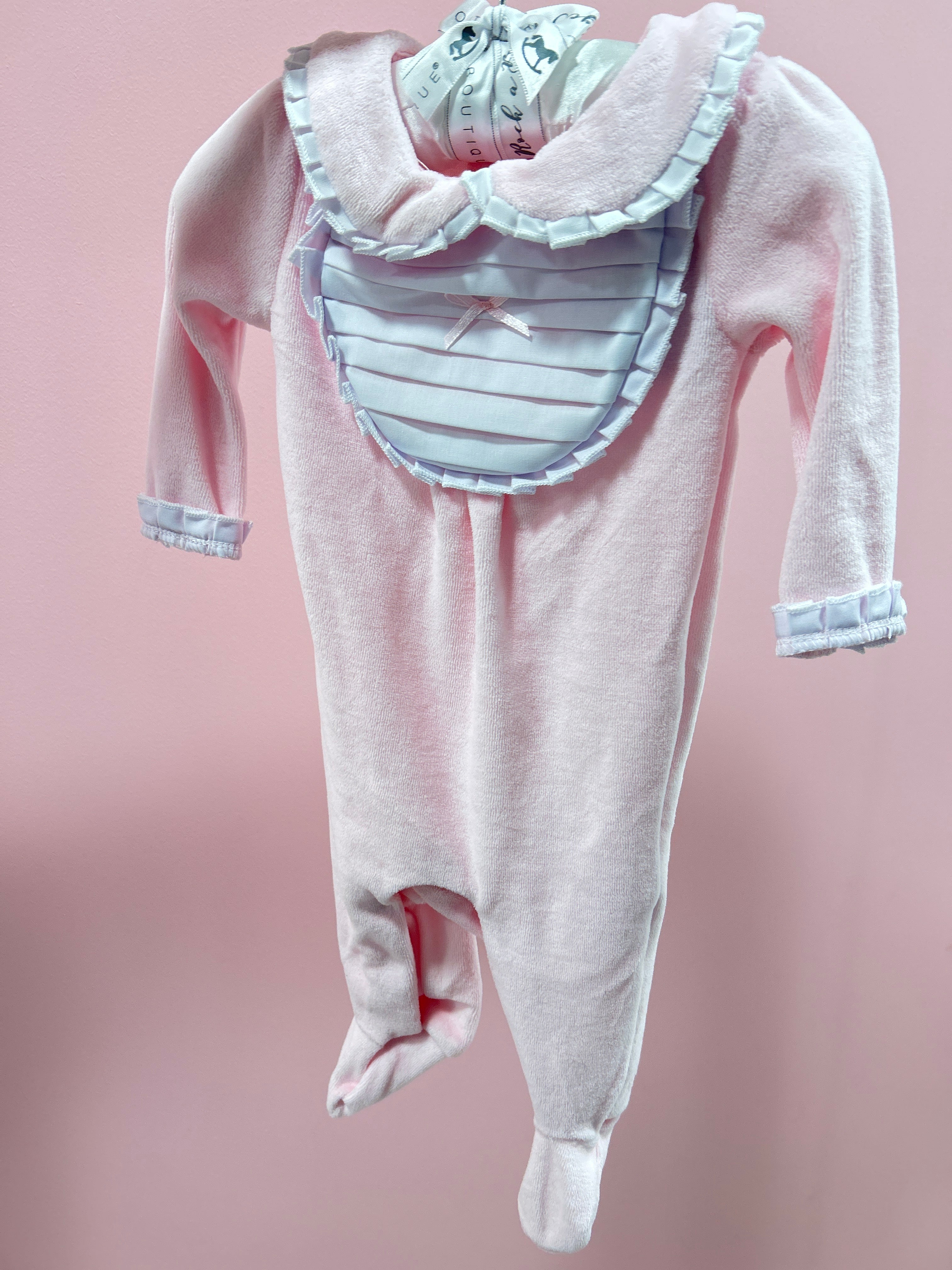 Baby Girl Pink Velour Bib Babygrow