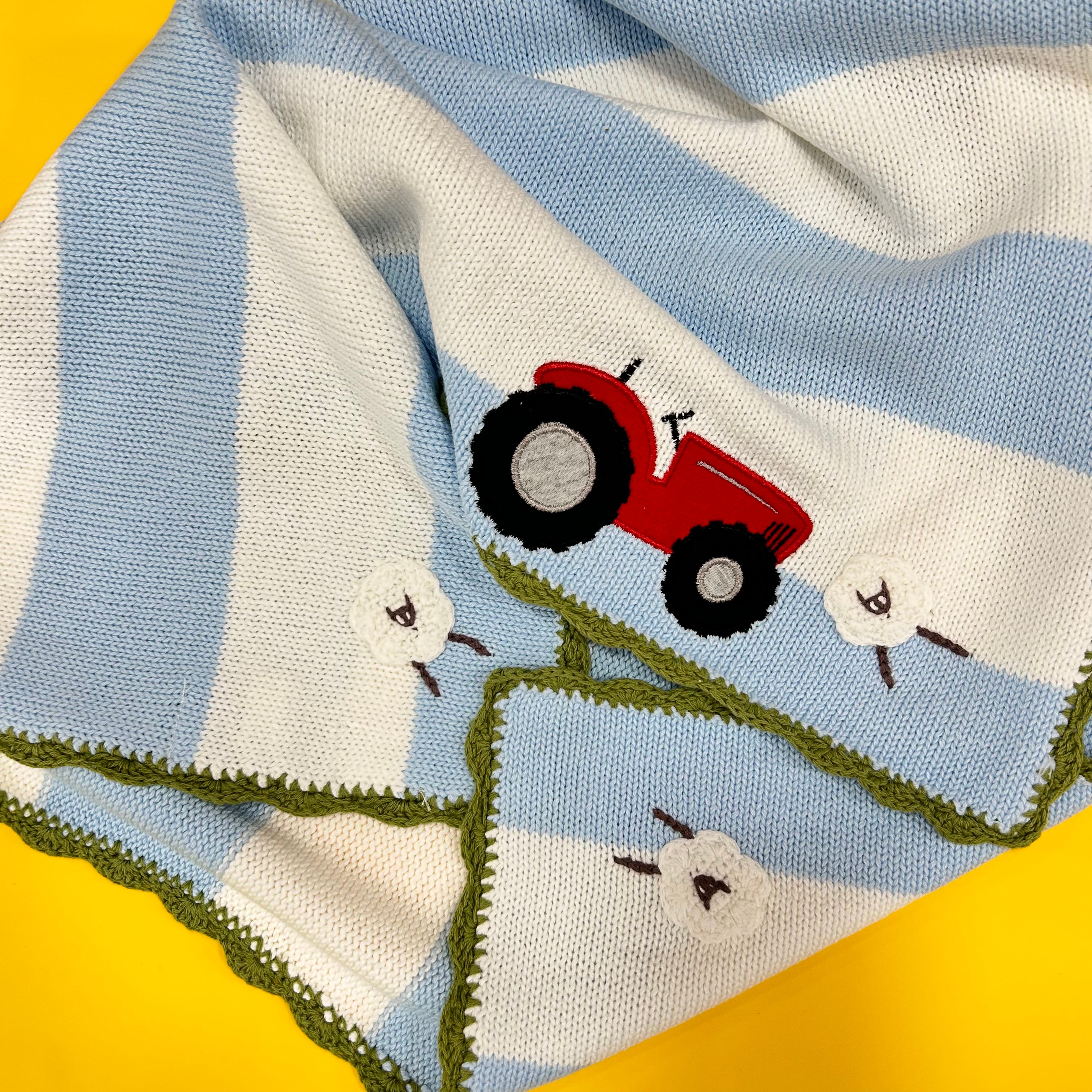 Tractor and Sheep Knit Baby Blanket