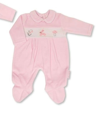 Baby Girls Pink Velour Rabbit and Flower Sleepsuit