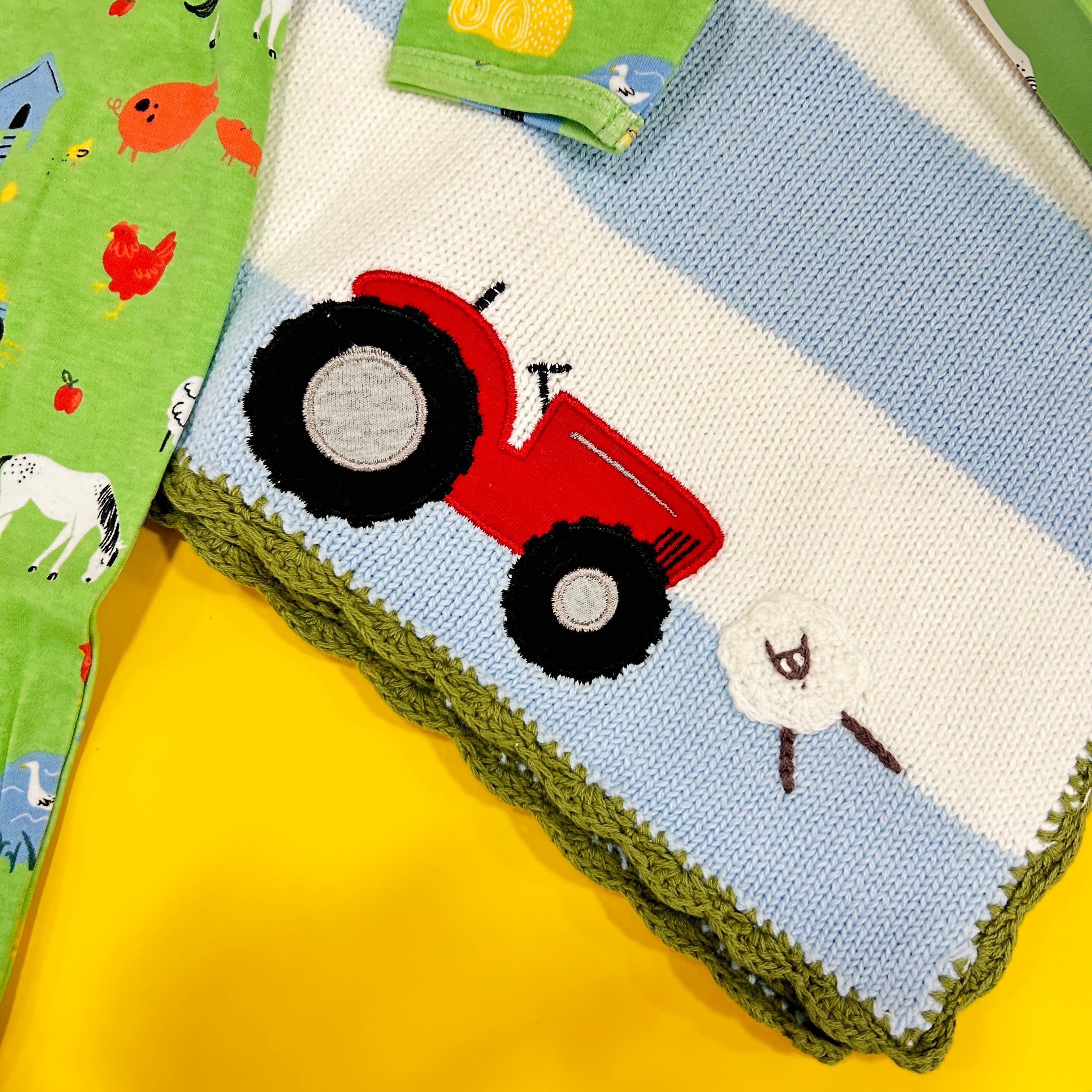 Tractor and Sheep Knit Baby Blanket