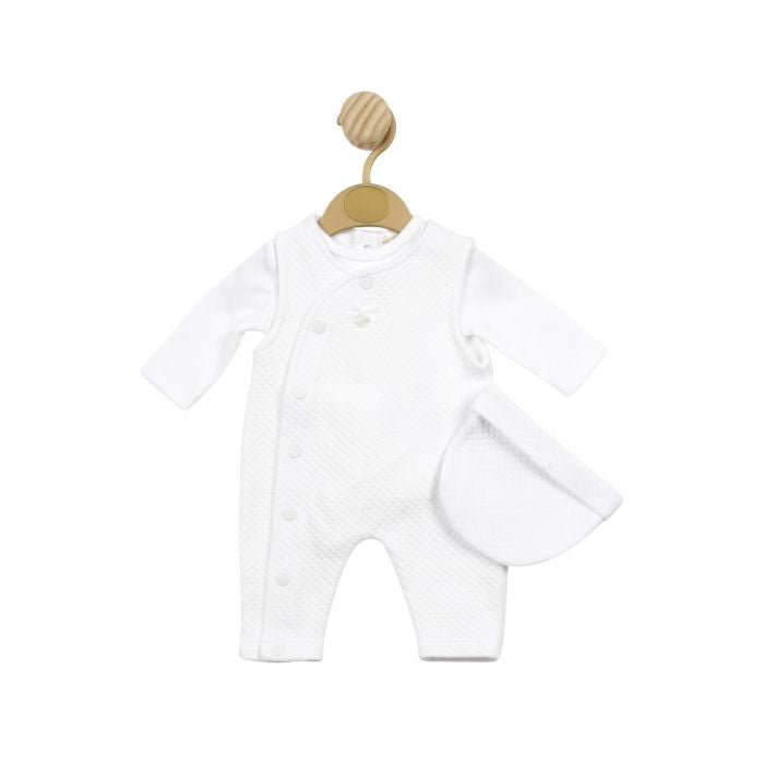 Tiny Baby White Quilted Dungarees and Hat Set