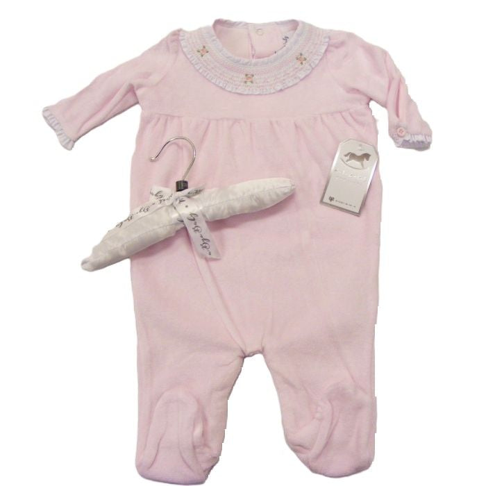 Baby Girls Pink Velour Rosebud Smocked Collar Sleepsuit