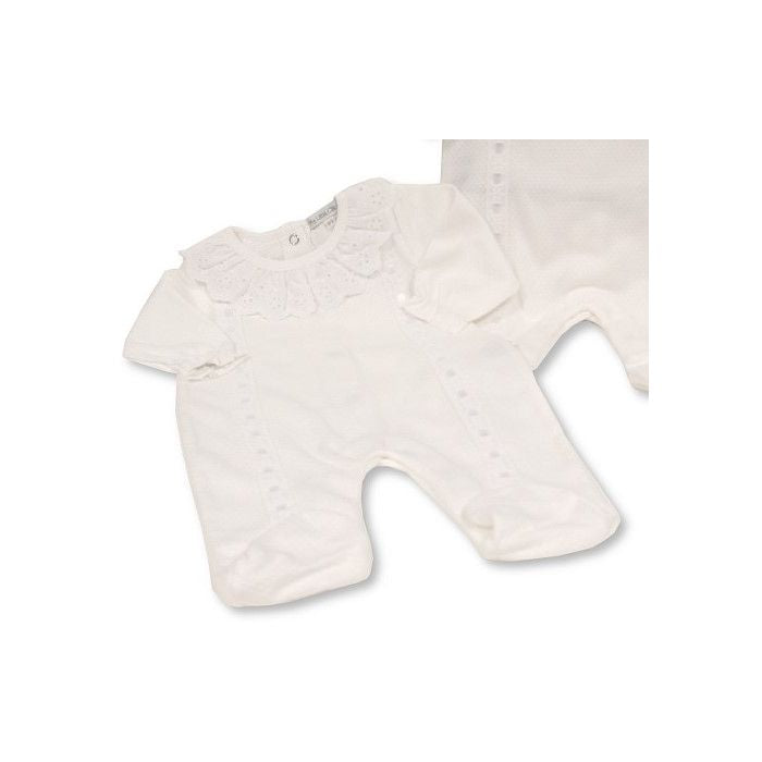 Baby White Ribbon and Waffle Sleepsuit