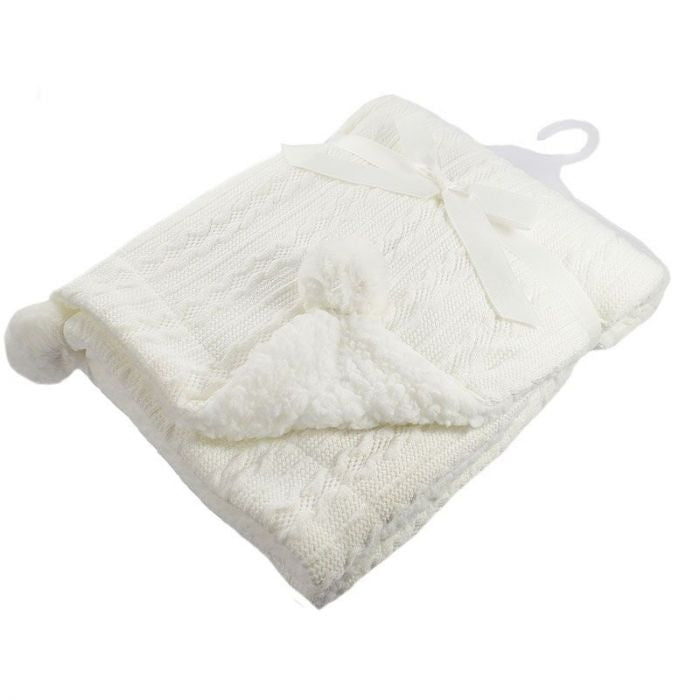 White Knit Pom Pom Baby Blanket