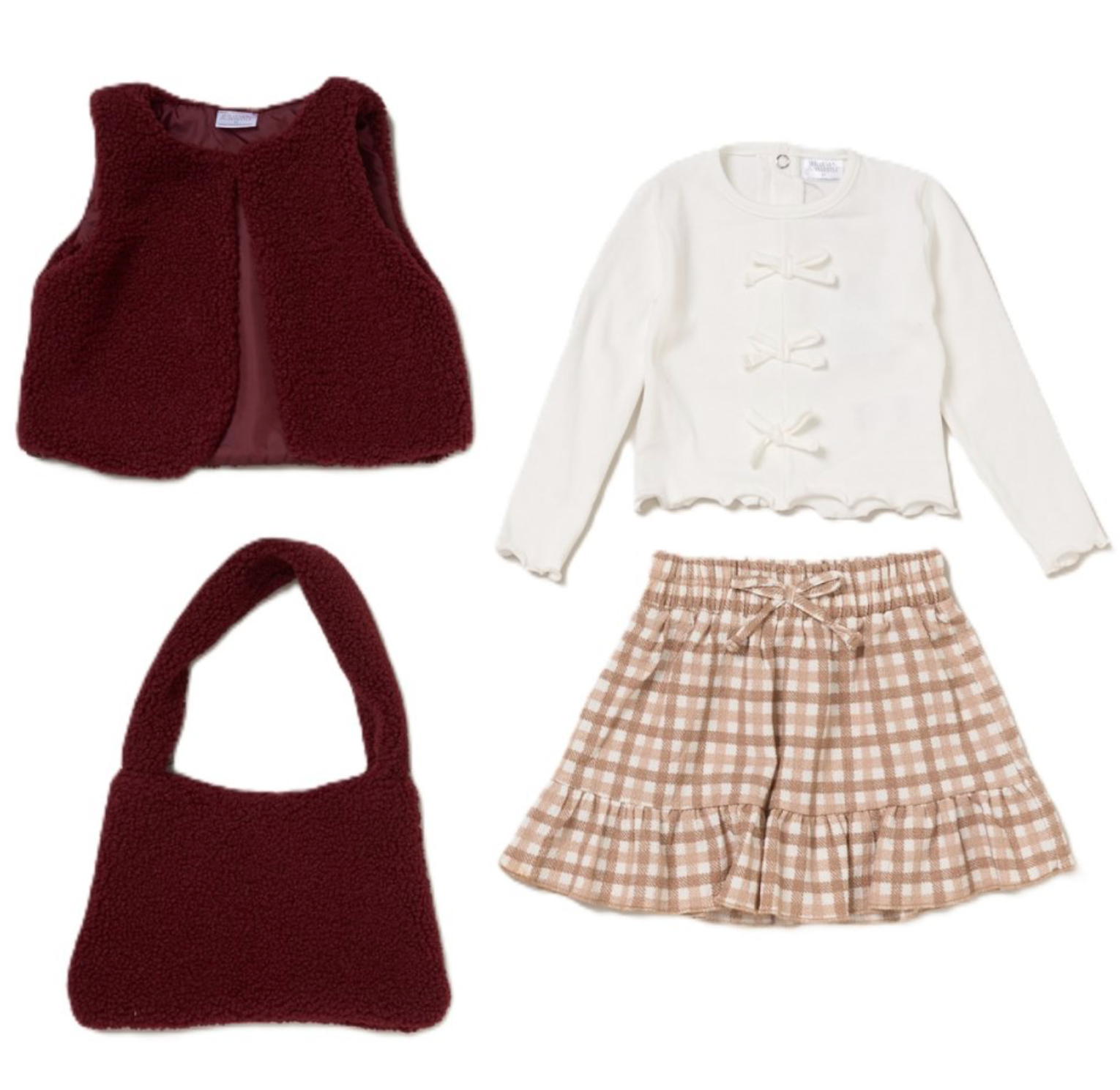 Girls Burgundy 3 Piece Outfit with Fur Gilet & Handbag