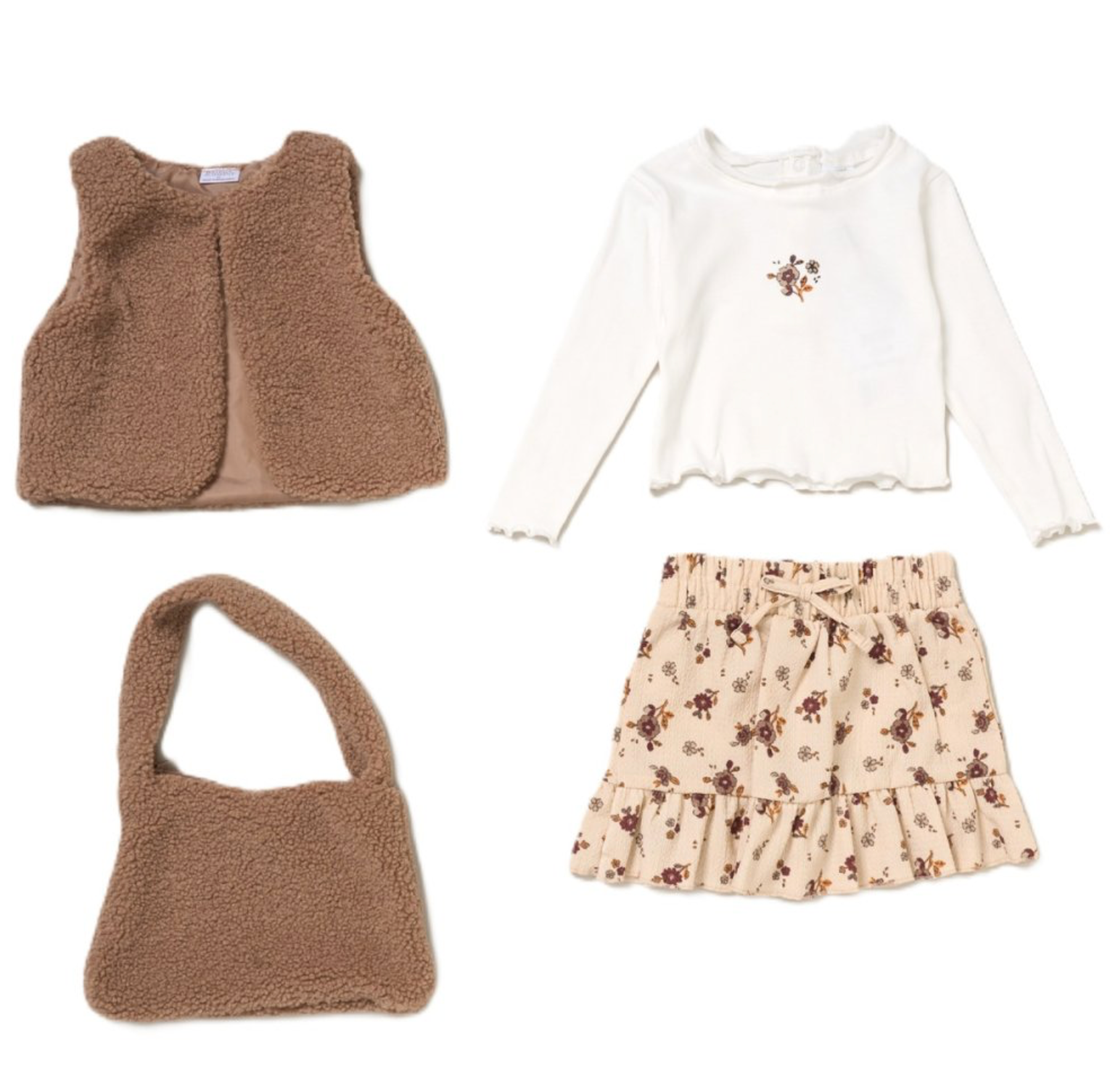 Girls Brown 3 Piece Outfit with Fur Gilet & Handbag