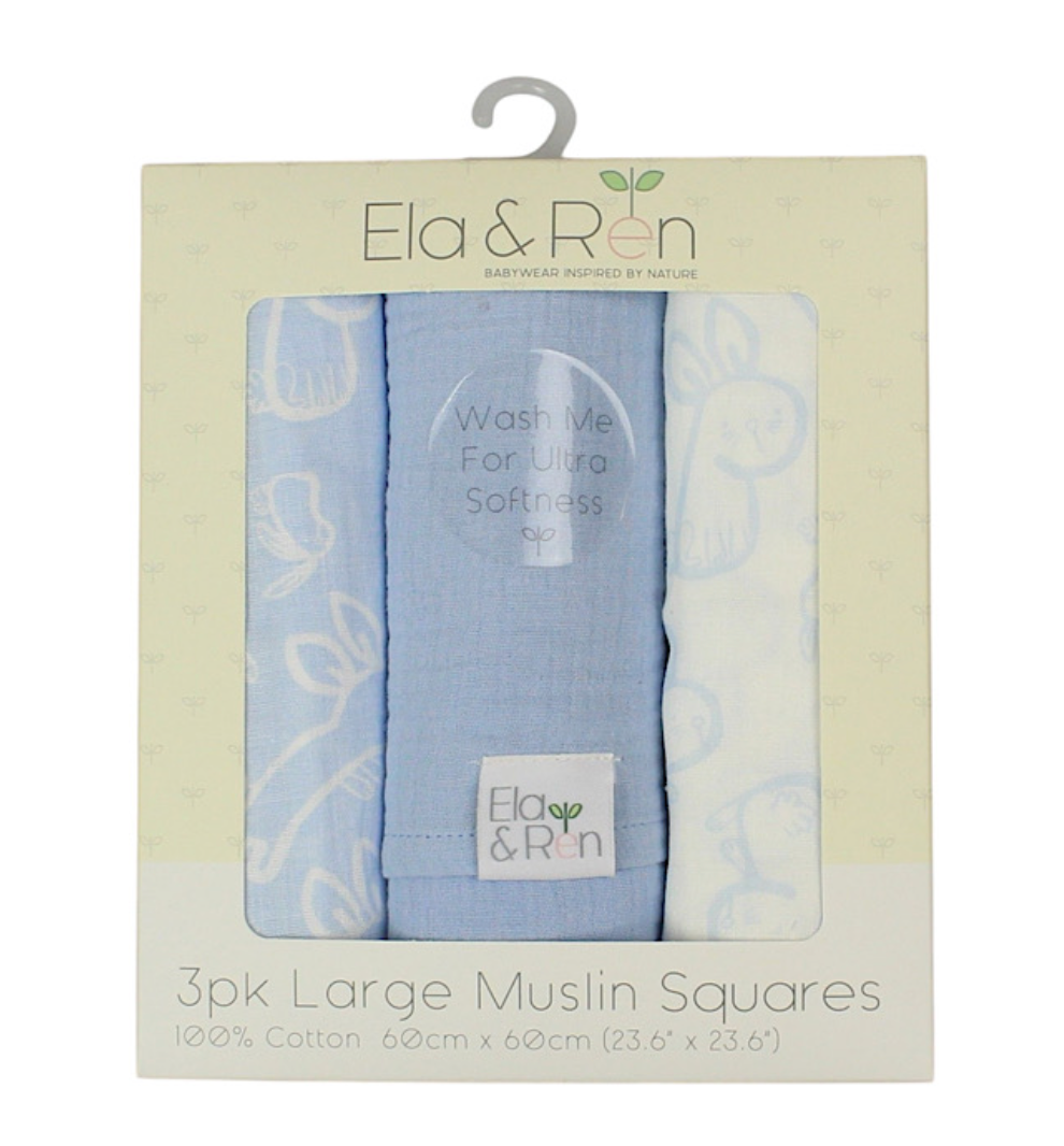 Baby 3 Packet Large Muslin Cloths - Blue