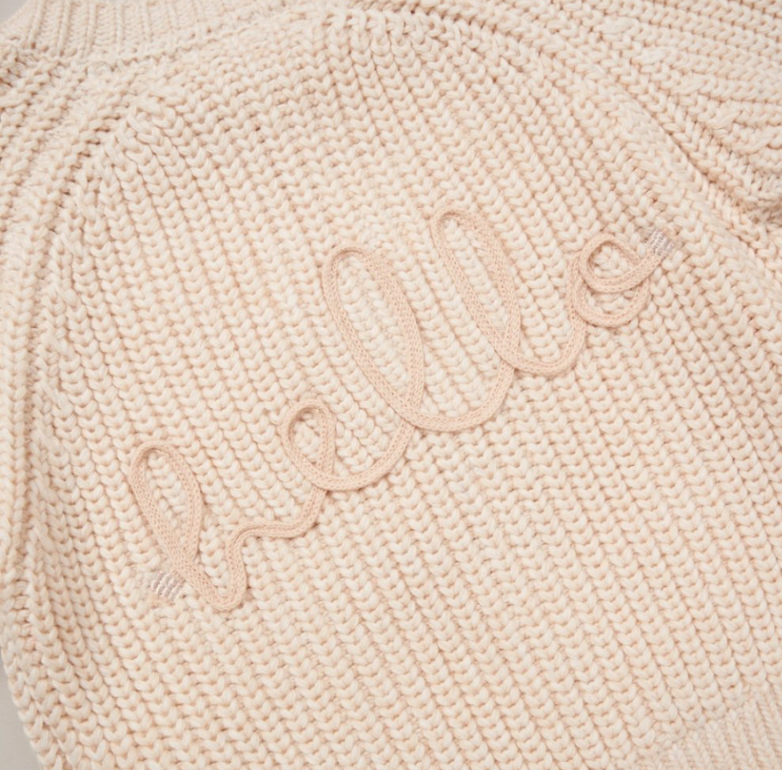 Cream Baby Knitted Cardigan with Embroidery Detail - Hello