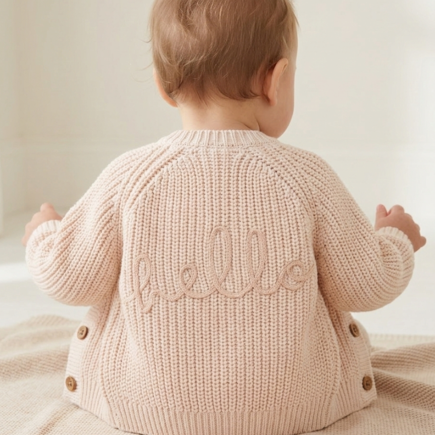 Cream Baby Knitted Cardigan with Embroidery Detail - Hello