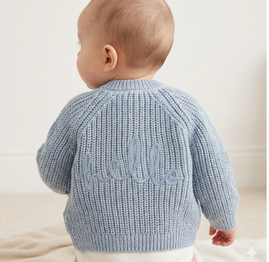 Blue Baby Knitted Cardigan with Embroidery Detail - Hello