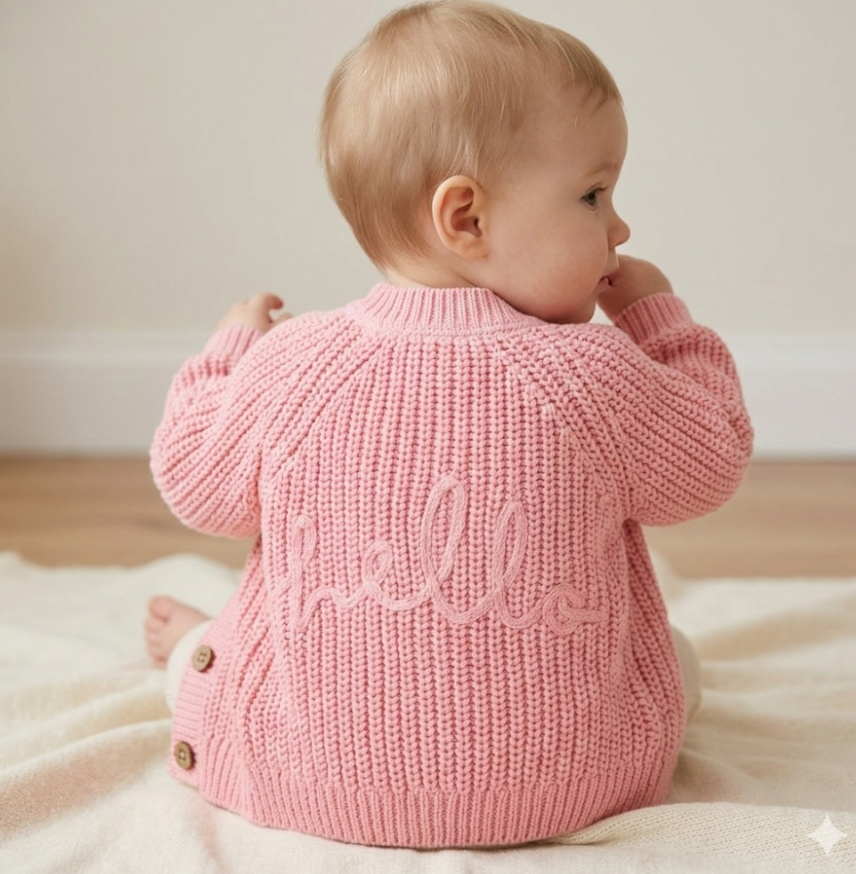 Pink Baby Knitted Cardigan with Embroidery Detail - Hello