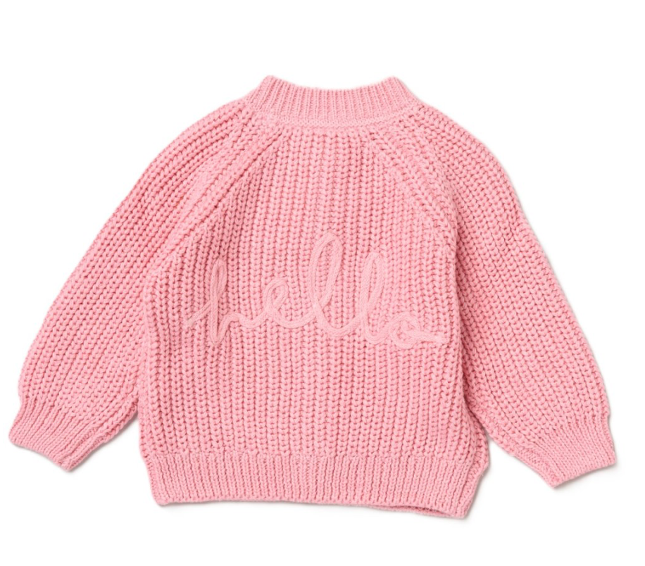 Pink Baby Knitted Cardigan with Embroidery Detail - Hello