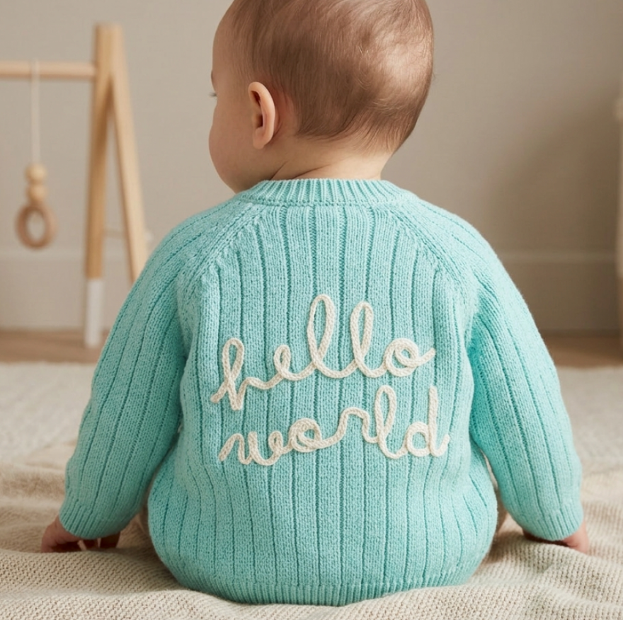 Mint Baby Knitted Cardigan with Embroidery Detail - Hello World