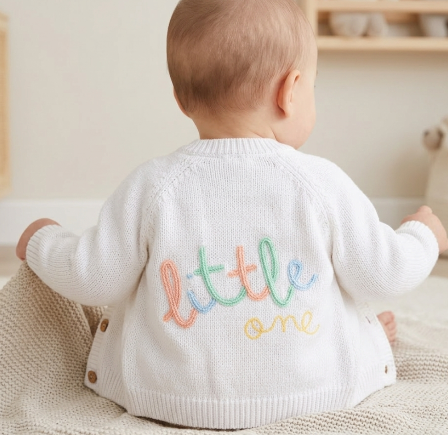 White Baby Knitted Cardigan with Embroidery Detail - Little One